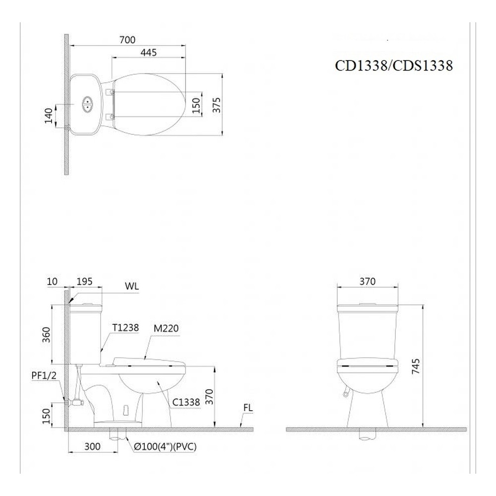 Bồn cầu hai khối Caesar CD1338 – 700 x 375 x 745mm chính hãng, bảo hành 24 tháng