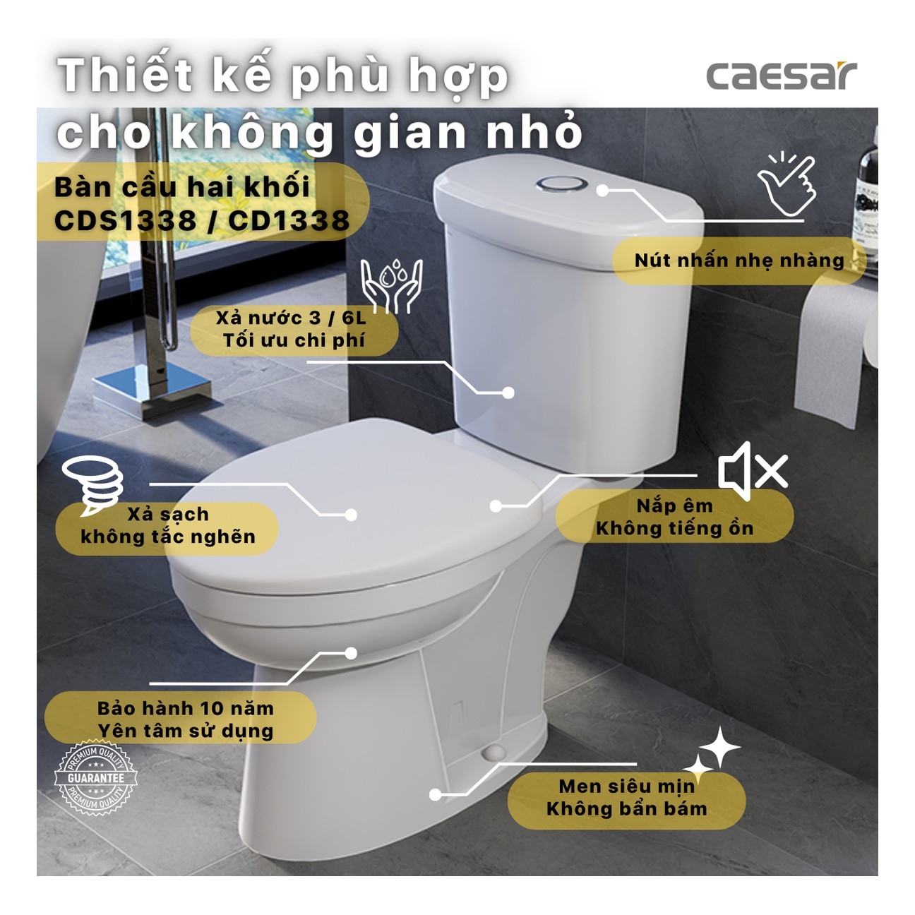 Bồn cầu hai khối Caesar CD1338 – 700 x 375 x 745mm chính hãng, bảo hành 24 tháng