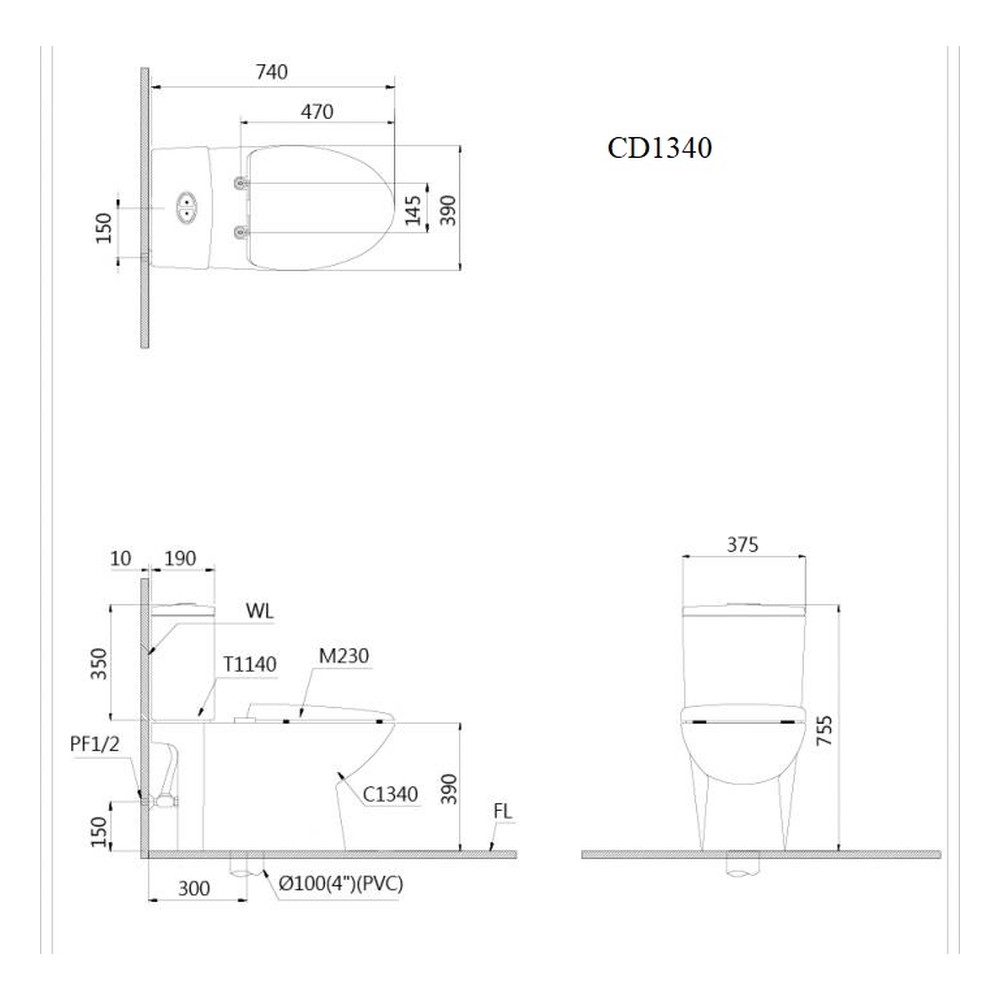 Bồn cầu hai khối nắp êm Caesar CD1340 – 740 x 390 x 755 mm chính hãng, bảo hành 24 tháng