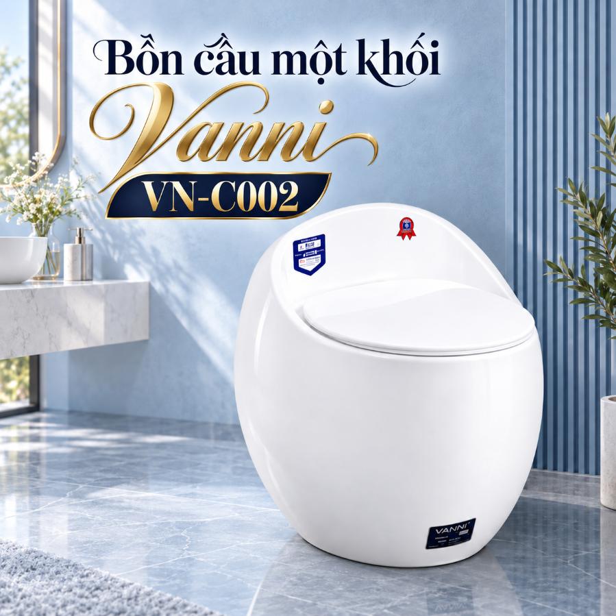 Bồn cầu một khối Vanni VN-C002 trắng bo tròn men tuyết phủ nano kháng khuẩn
