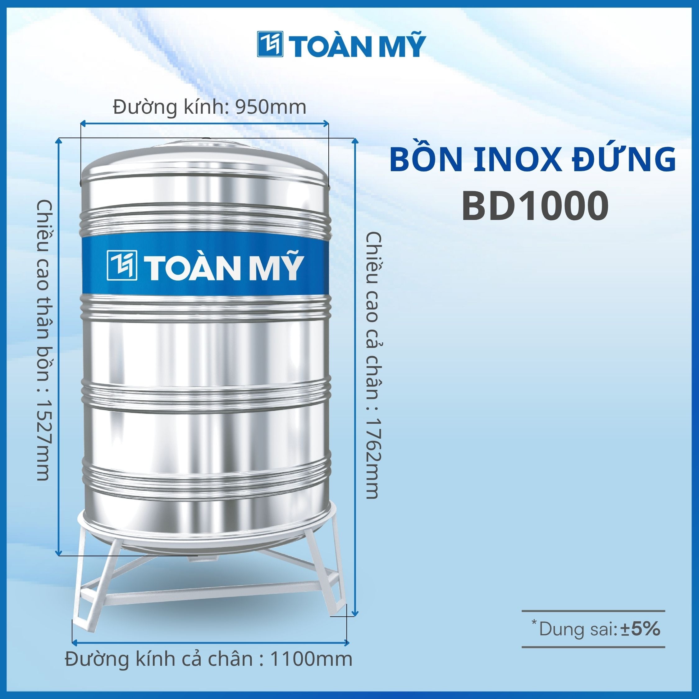 Bồn nước inox Toàn Mỹ đứng 1000 lít BD1000