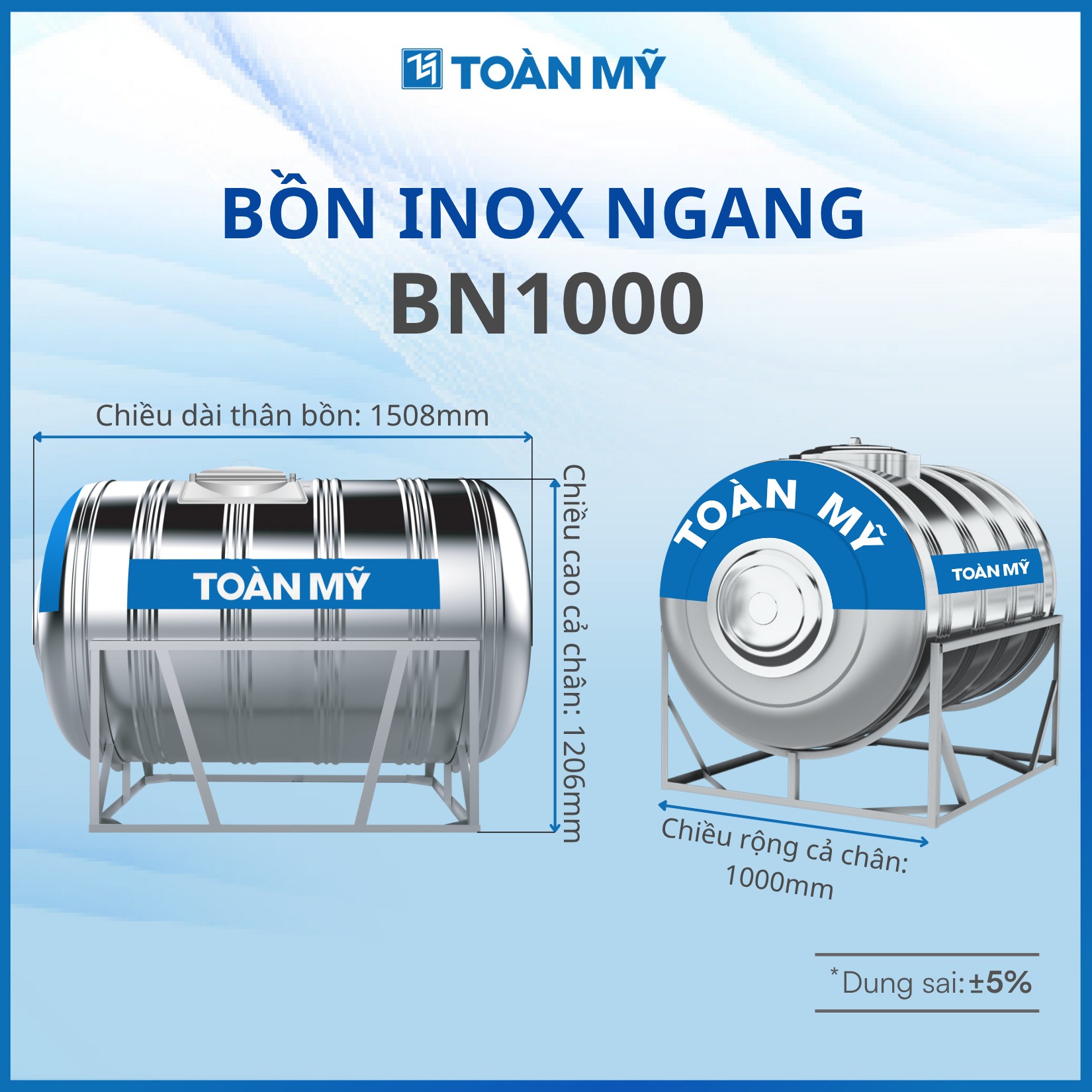Bồn nước inox Toàn Mỹ ngang 1000 lít BN1000