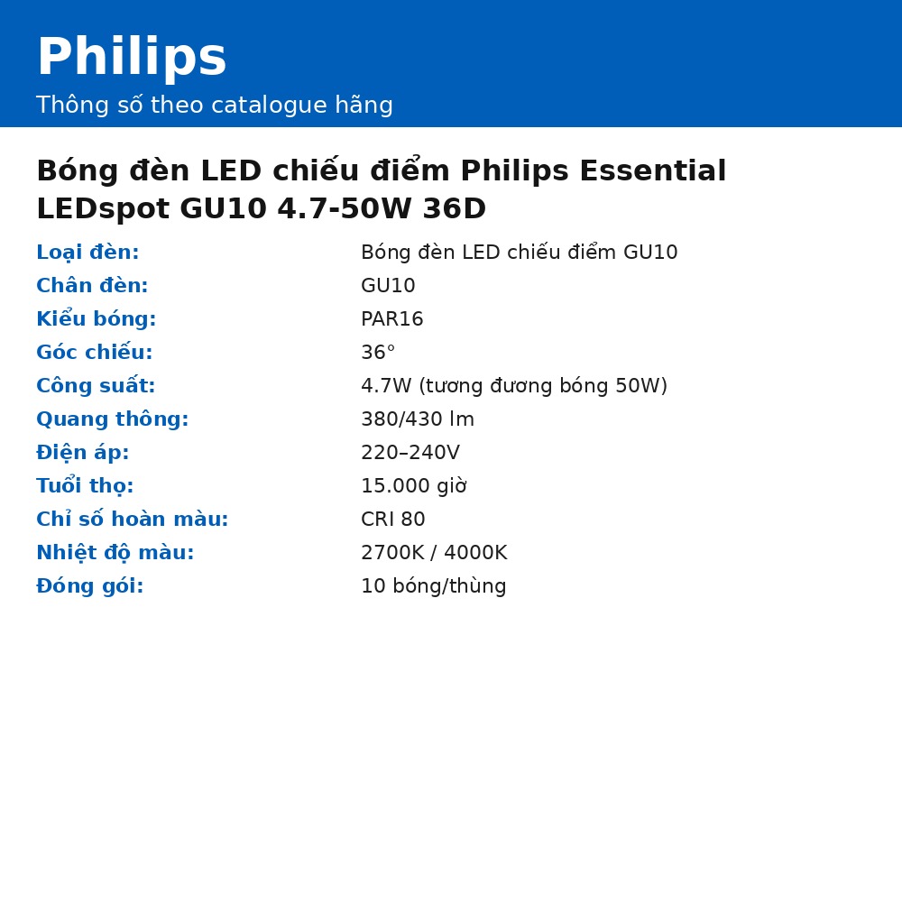 Bóng đèn LED chiếu điểm Philips Essential LEDspot GU10 4.7-50W 36D