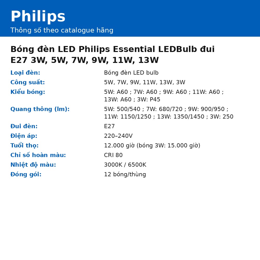 Bóng đèn LED Philips Essential LEDBulb đui E27 3W, 5W, 7W, 9W, 11W, 13W