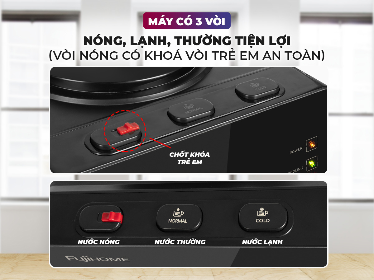 Cây nước nóng lạnh FujiHome WD61E úp bình, 3 vòi, làm lạnh điện tử
