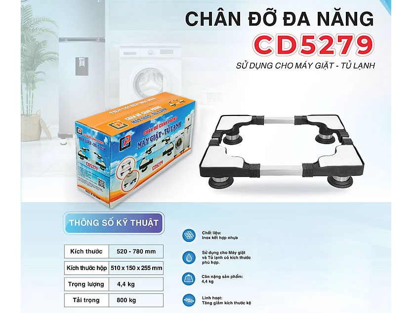 Chân đỡ máy giặt, tủ lạnh inox CD5279 52–78cm