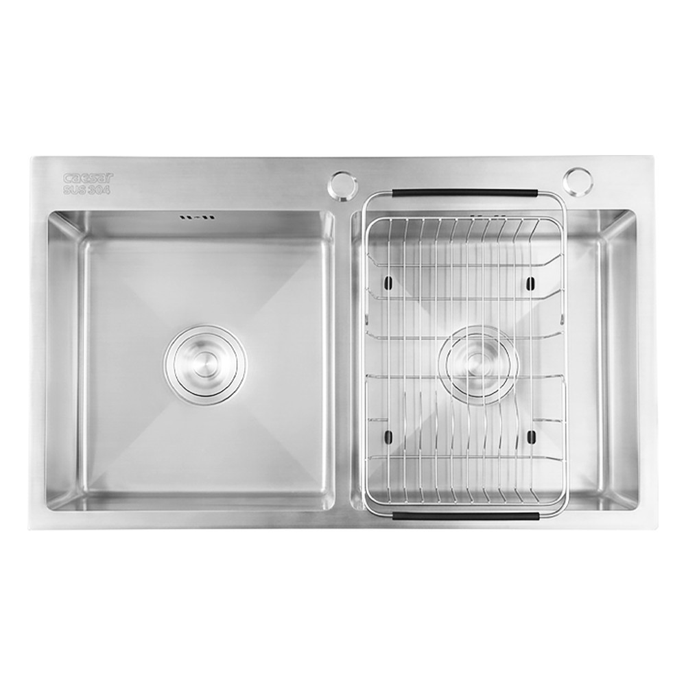 Chậu rửa chén inox 2 hộc mài vát cạnh Caesar KSH02H082SX – 820 × 450 × 220 mm chính hãng, bảo hành 24 tháng