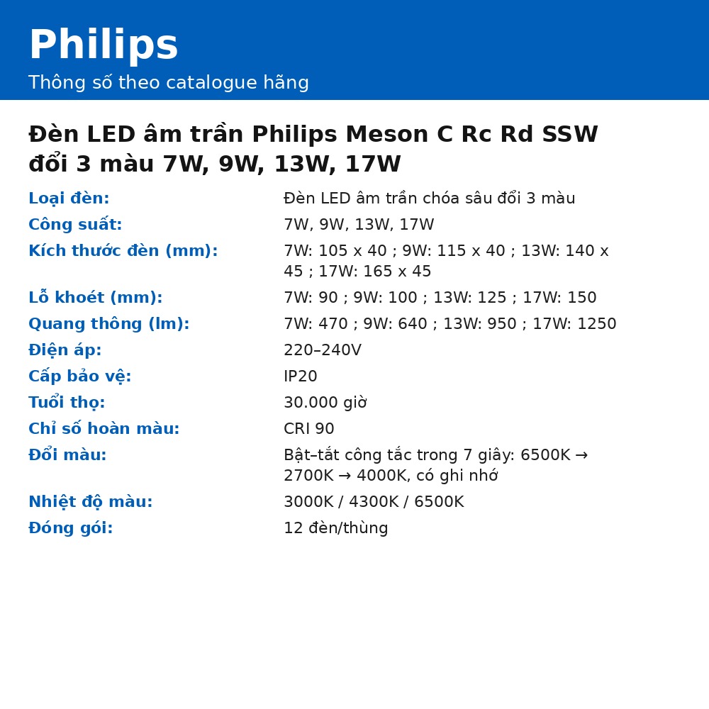 Đèn LED âm trần Philips Meson C Rc Rd SSW đổi 3 màu 7W, 9W, 13W, 17W chính hãng