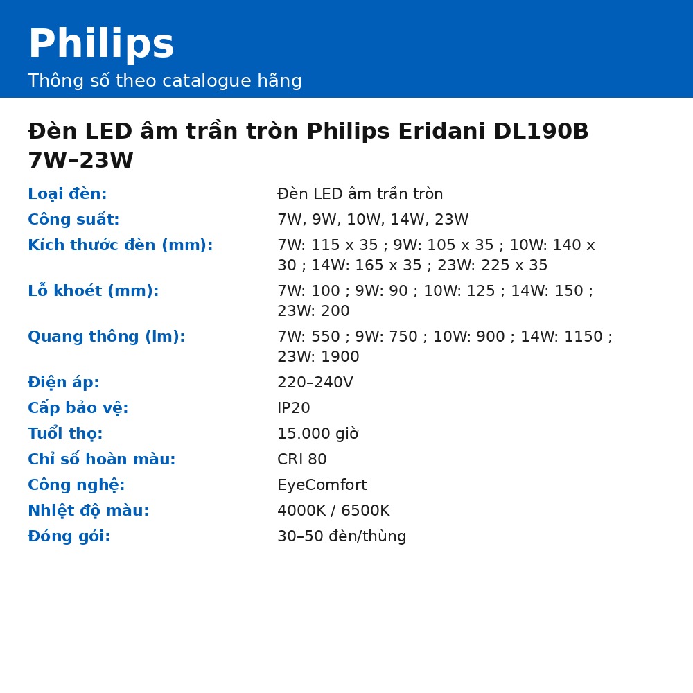 Đèn LED âm trần tròn Philips Eridani DL190B 7W–23W