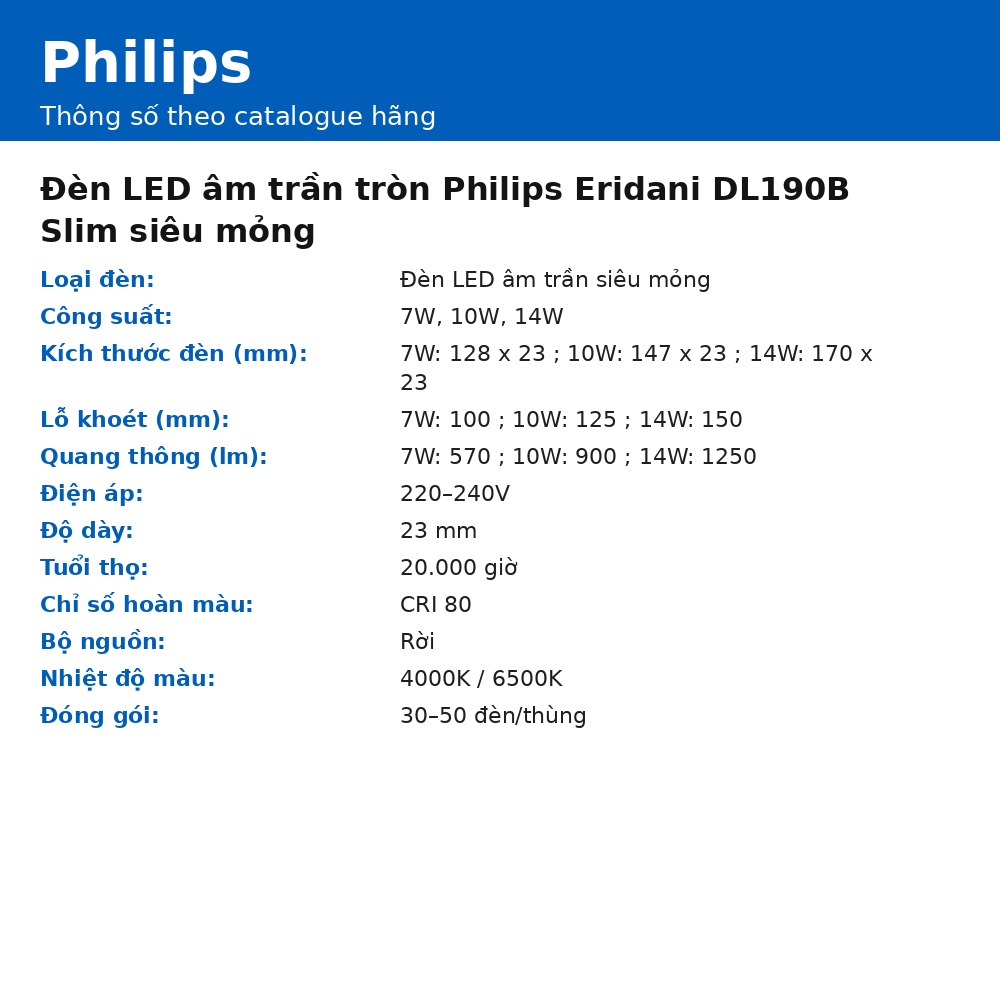 Đèn LED âm trần tròn Philips Eridani DL190B Slim siêu mỏng chính hãng