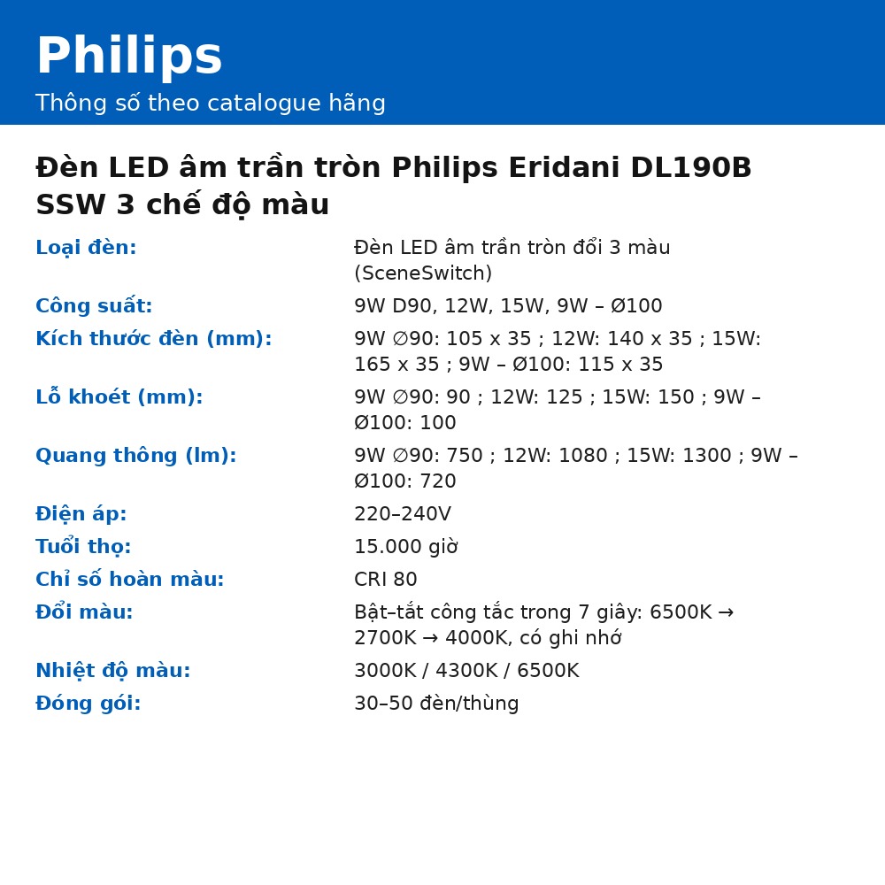 Đèn LED âm trần tròn Philips Eridani DL190B SSW 3 chế độ màu
