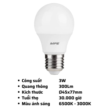 Đèn Led Bulb MPE 3W LBD3-3T chống ẩm, ánh sáng trắng, KT: 45X77 mm
