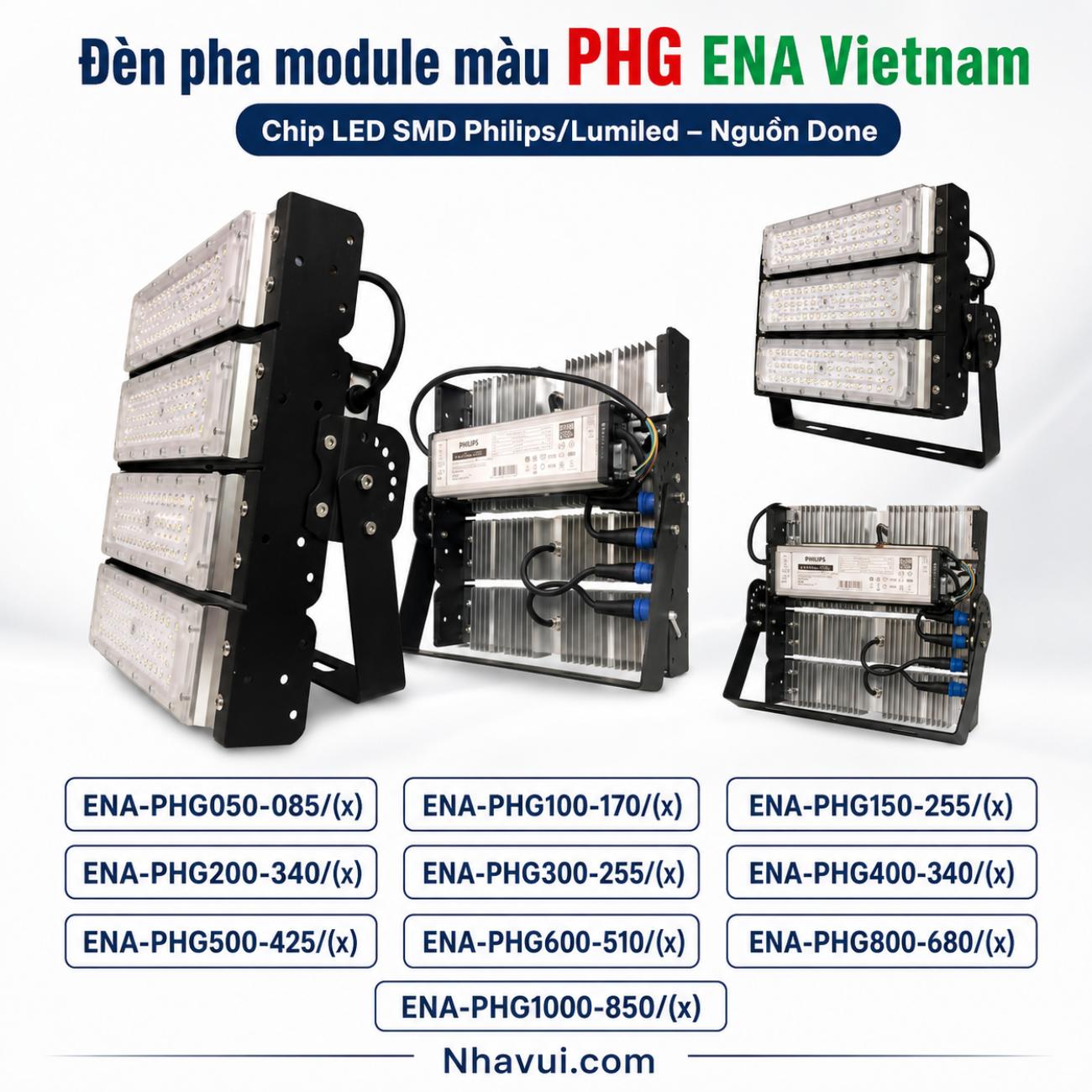 Đèn pha module màu PHG ENA Vietnam cấu hình Chip LED SMD Philips/Lumiled – Nguồn Done