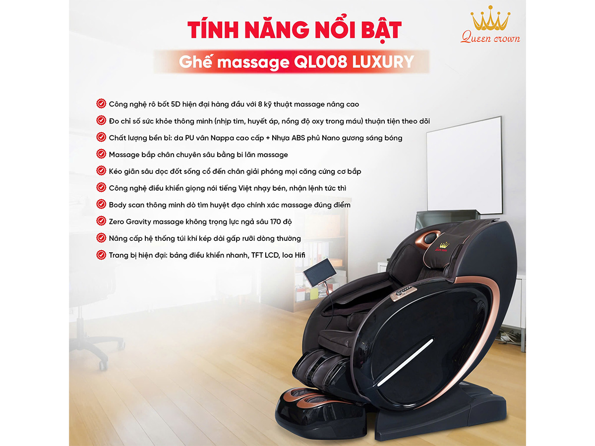 Ghế massage toàn thân Queen Crown QL008 Luxury – ray SL 145cm, túi khí, nhiệt hồng ngoại