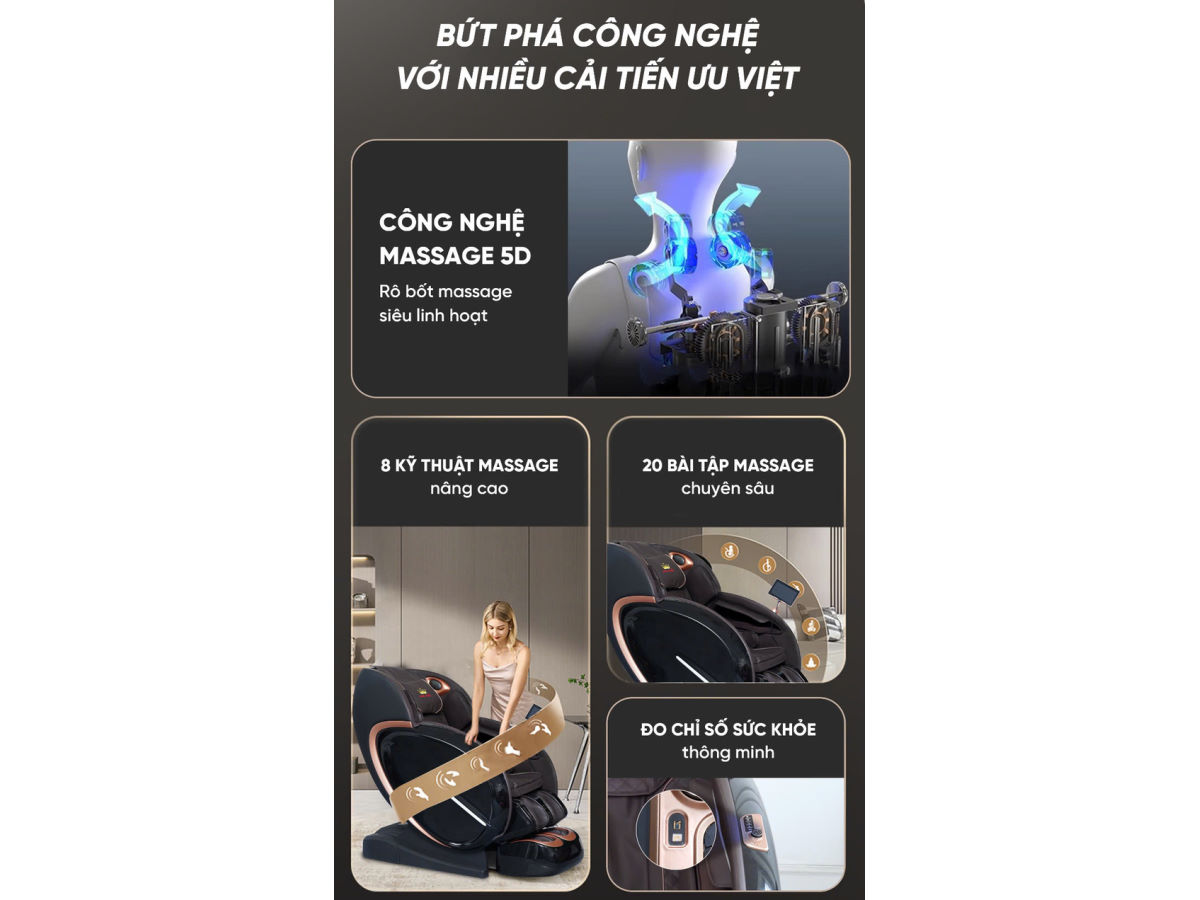 Ghế massage toàn thân Queen Crown QL008 Luxury – ray SL 145cm, túi khí, nhiệt hồng ngoại