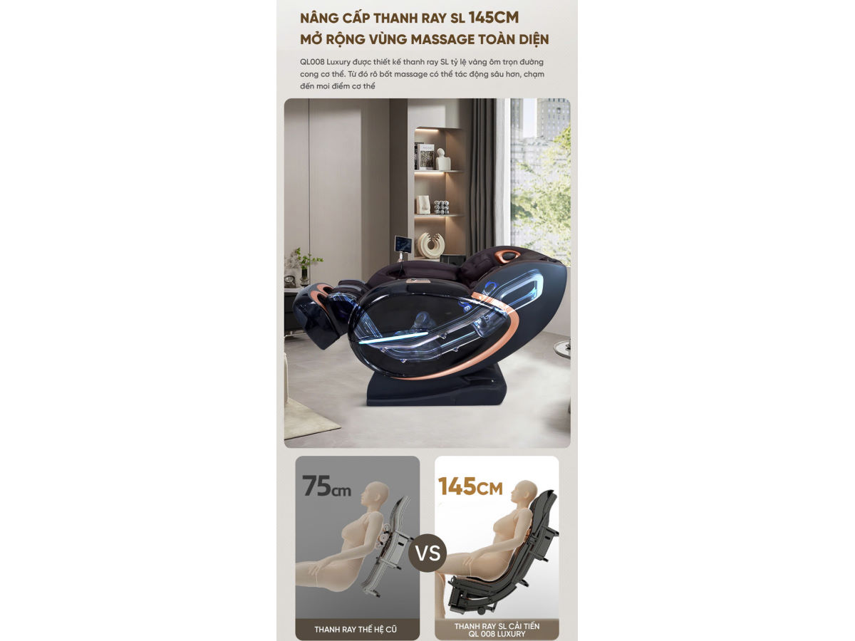 Ghế massage toàn thân Queen Crown QL008 Luxury – ray SL 145cm, túi khí, nhiệt hồng ngoại