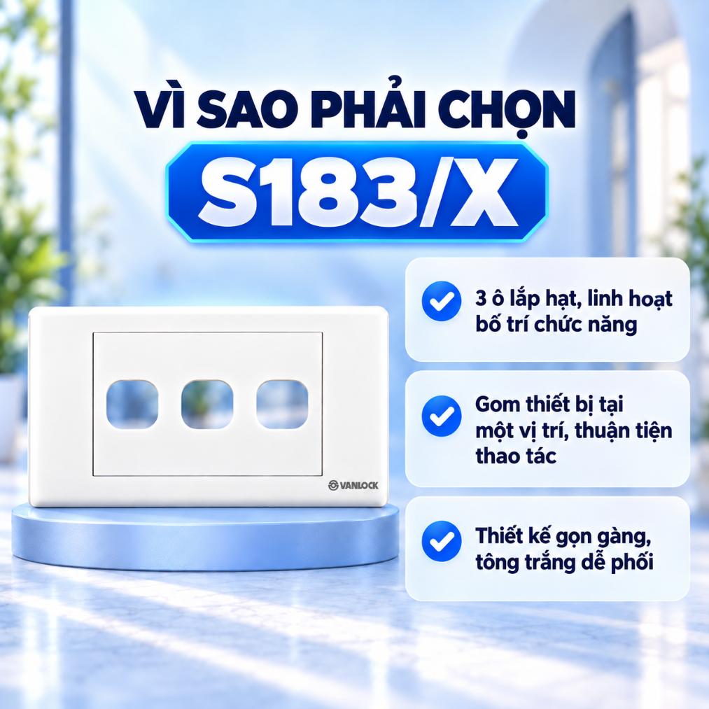 Mặt 3 lỗ Sino S183/X sê-ri S18 – lắp 3 hạt thiết bị, mặt chữ nhật trắng