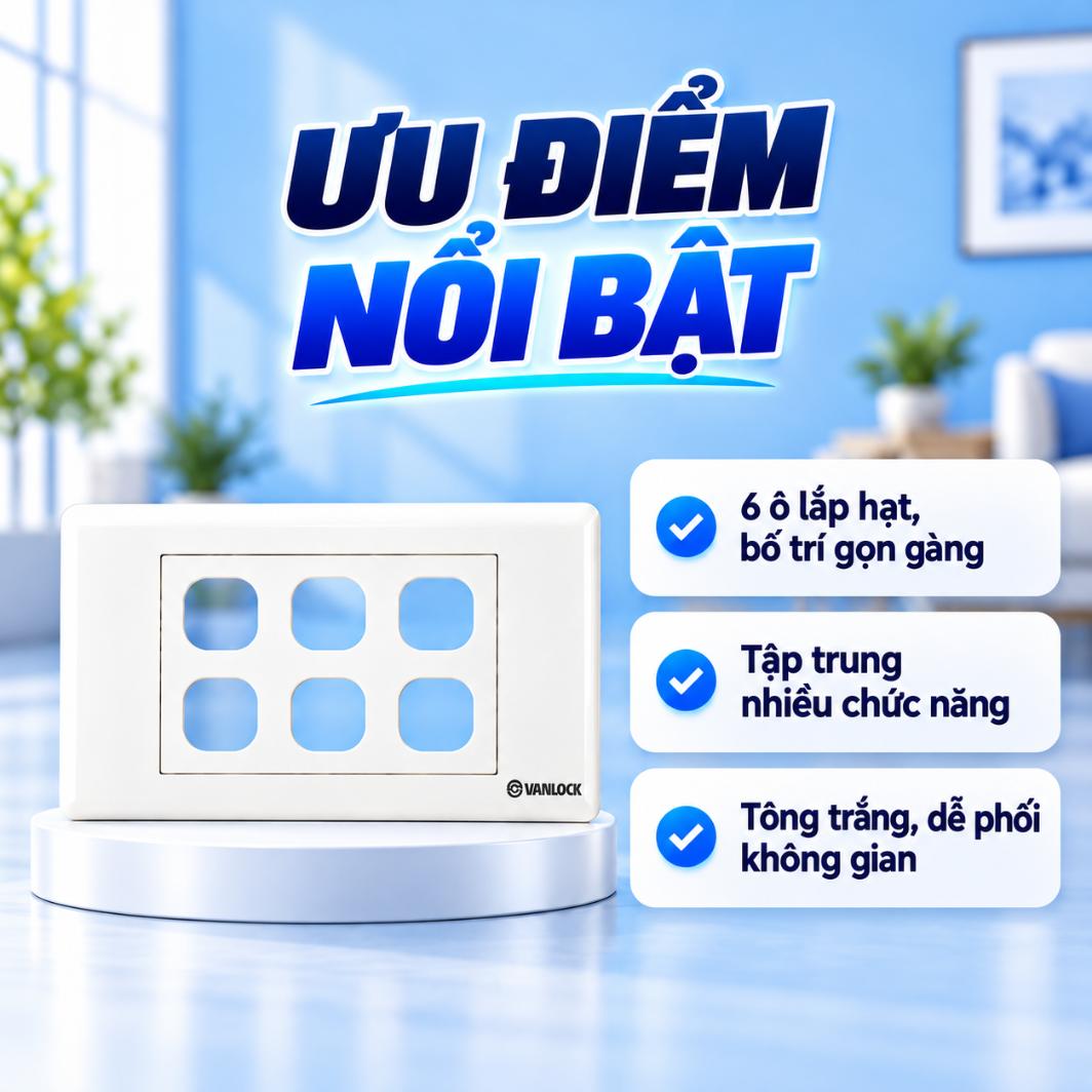 Mặt 6 lỗ Sino S186/X sê-ri S18 – lắp 6 hạt thiết bị, mặt chữ nhật trắng