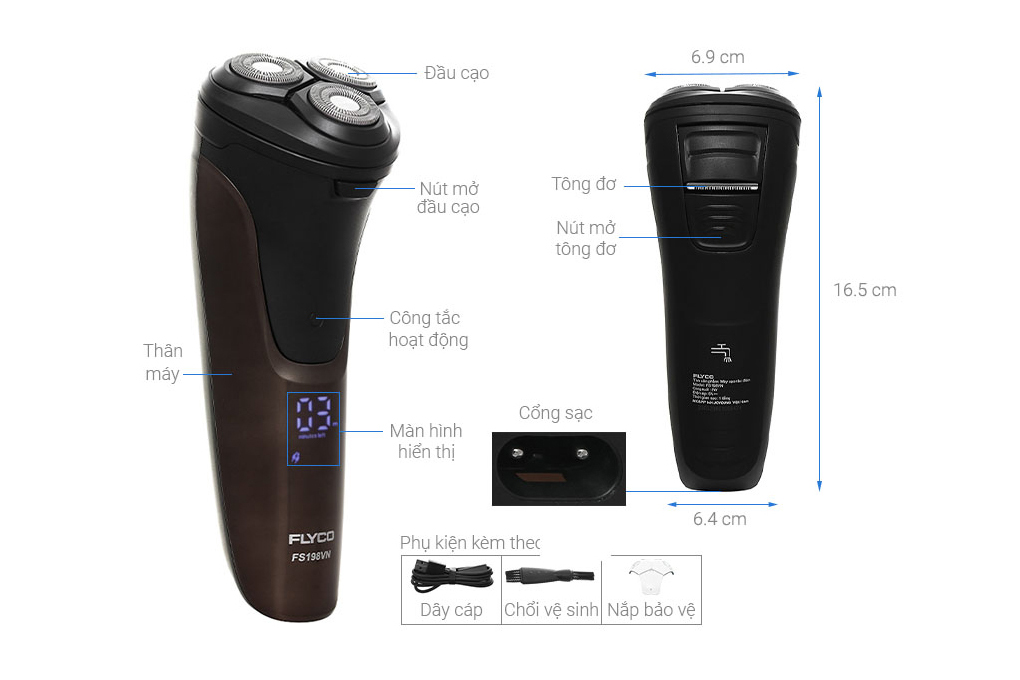 Máy cạo râu 3 lưỡi kép chống nước Flyco FS-198VN
