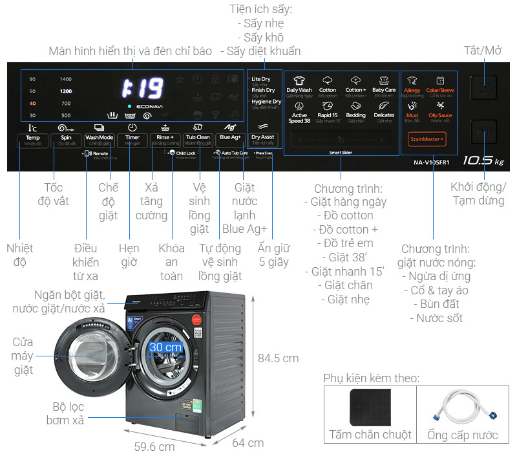 Máy giặt sấy Panasonic Inverter 10,5kg NA-V105FR1BV