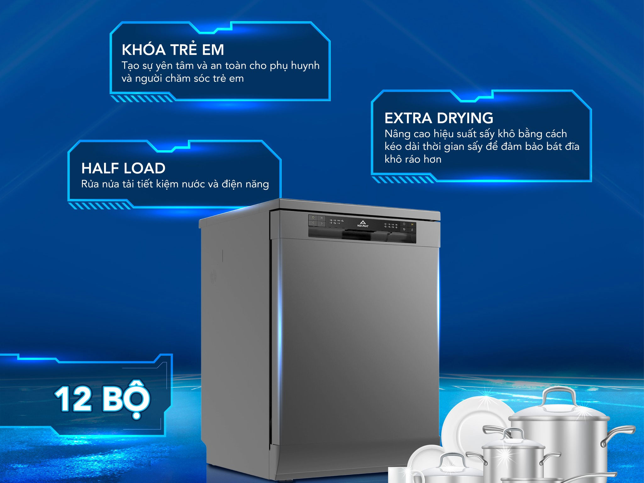 Máy rửa bát bán âm Hòa Phát HD F1206EBB.TM 12 bộ