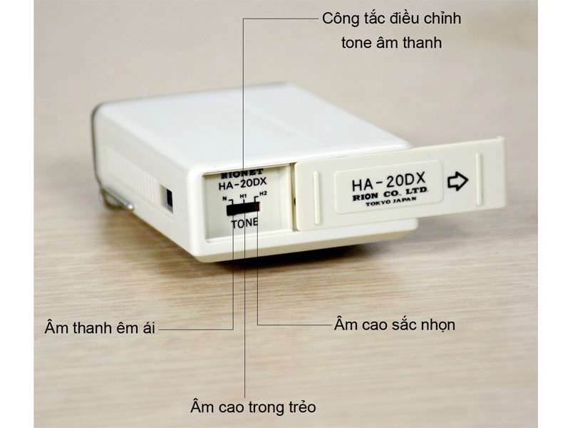 Máy trợ thính dây đeo Rionet HA-20DX – khuếch đại 47–61dB, pin AA
