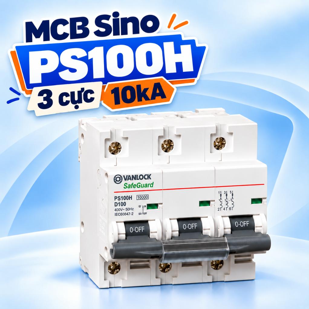 MCB Sino PS100H 3 cực 10kA – 80A–125A, cầu dao tự động (MCB) 3 cực dòng lớn, chính hãng