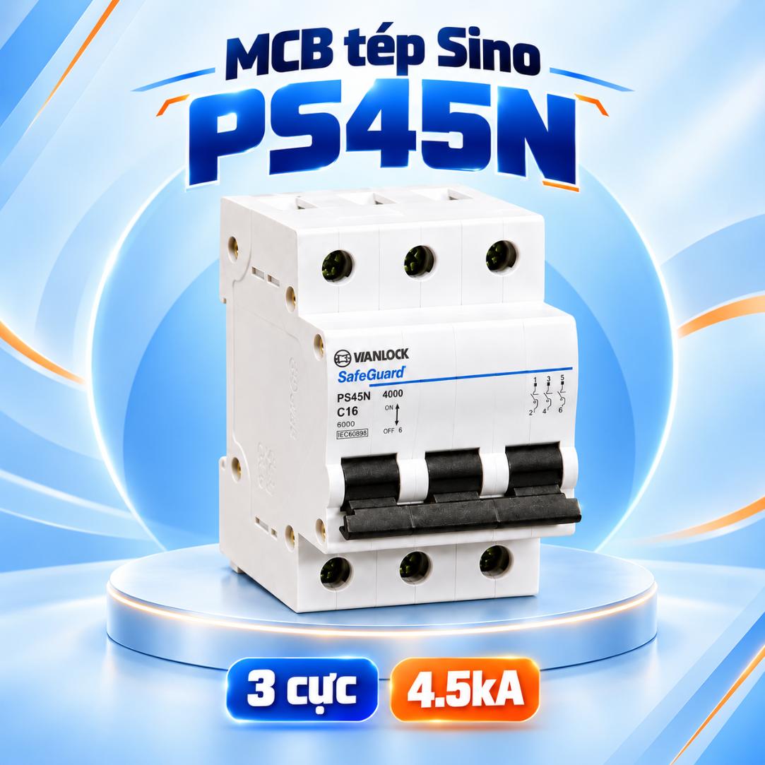 MCB tép Sino PS45N 3 cực 4.5kA – 10A–63A, cầu dao tự động (MCB) 3 cực, chính hãng