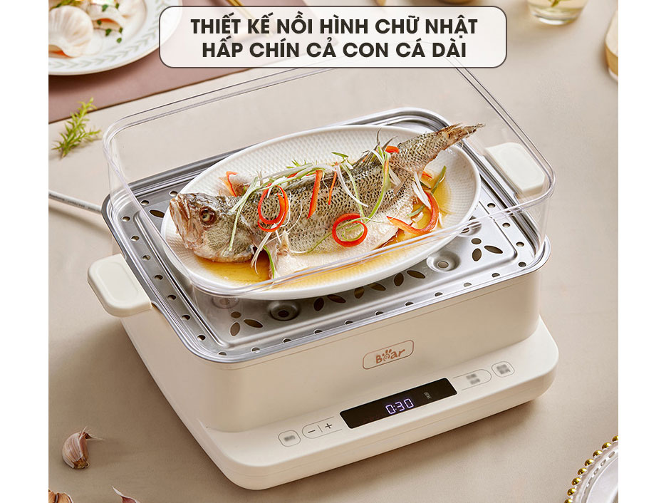 Nồi hấp điện đa năng 3 tầng Bear SB-NH12L 12 lít, khay inox, hẹn giờ