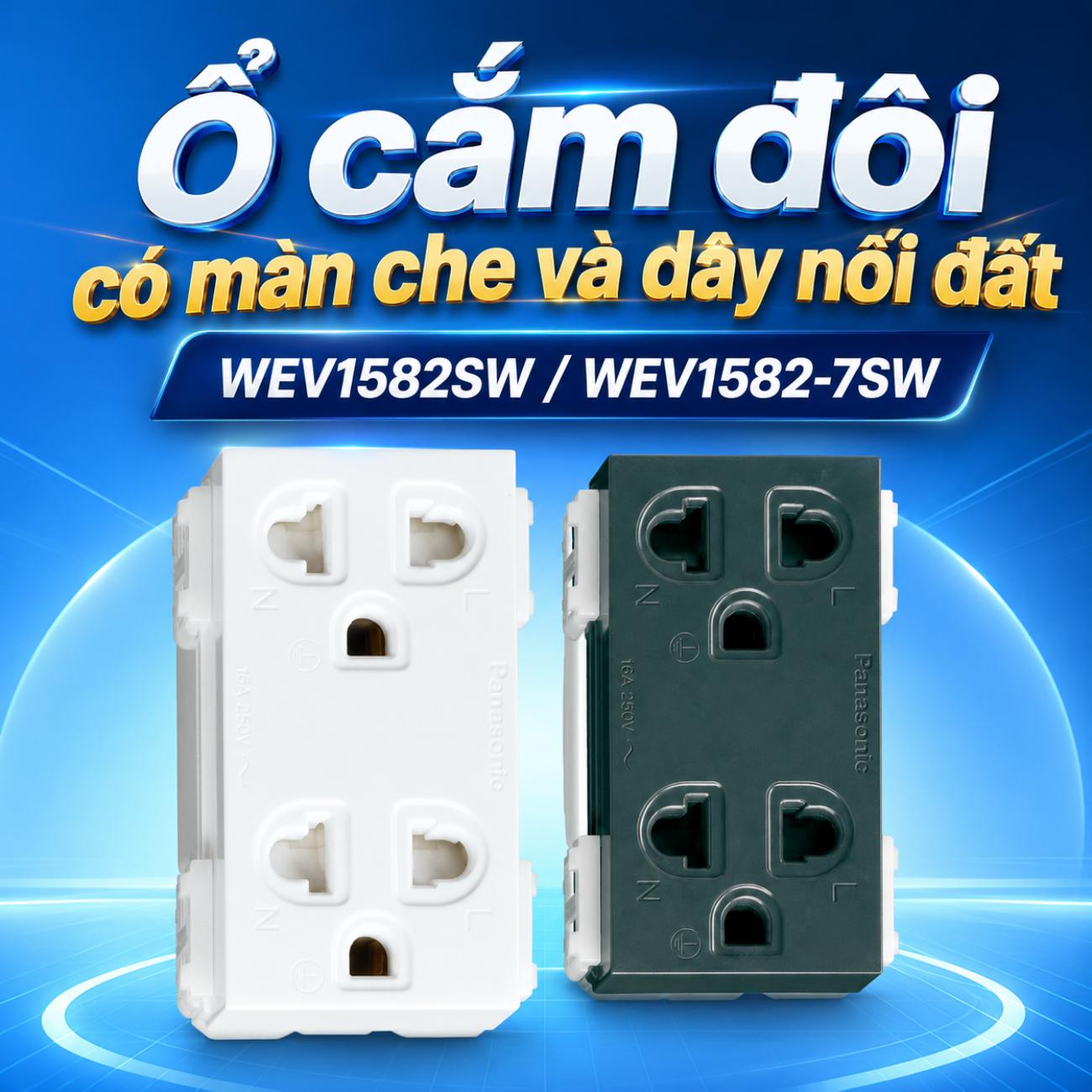 Ổ cắm đôi có màn che và dây nối đất Panasonic WIDE Series 250VAC – 16A