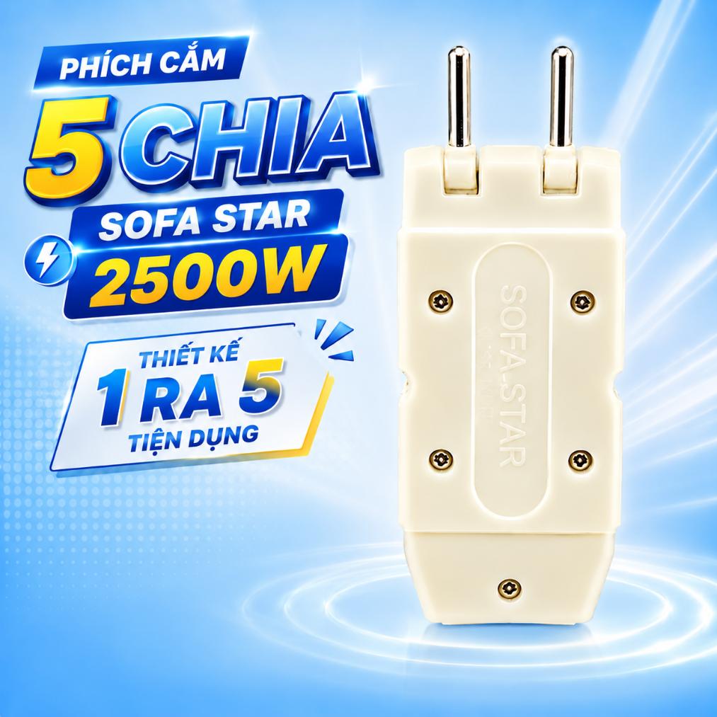Phích cắm 5 chia SOFA STAR 2500W, thiết kế 1 ra 5 tiện dụng