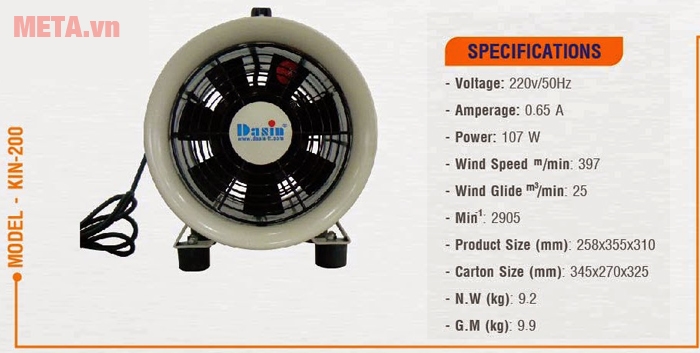 Quạt hút thông gió nối ống Dasin KIN-200