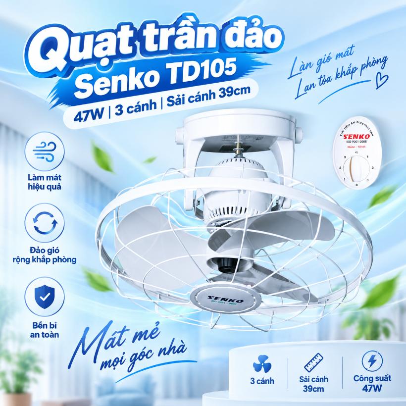 Quạt trần đảo Senko TD105 47W 3 cánh sải cánh 39cm
