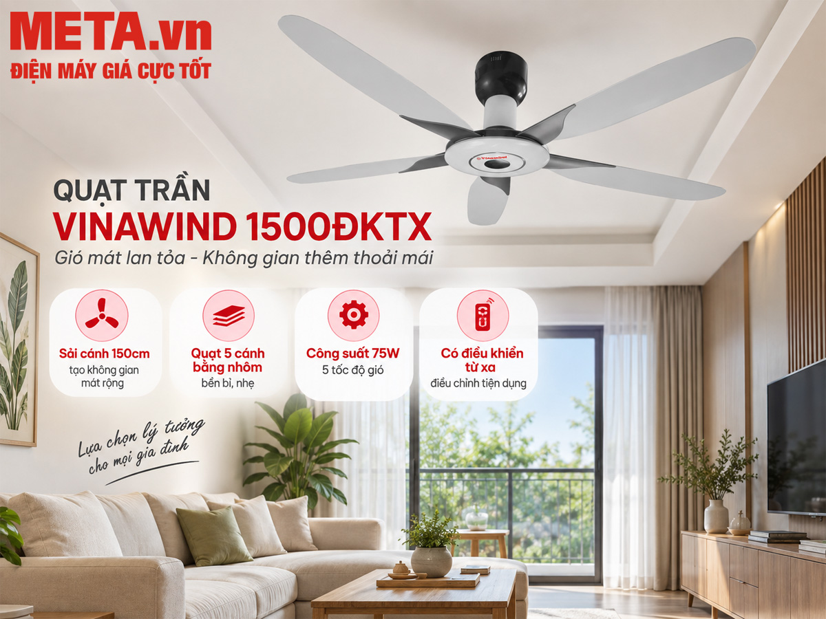 Quạt trần Vinawind 1500ĐKTX cánh nhôm có điều khiển từ xa