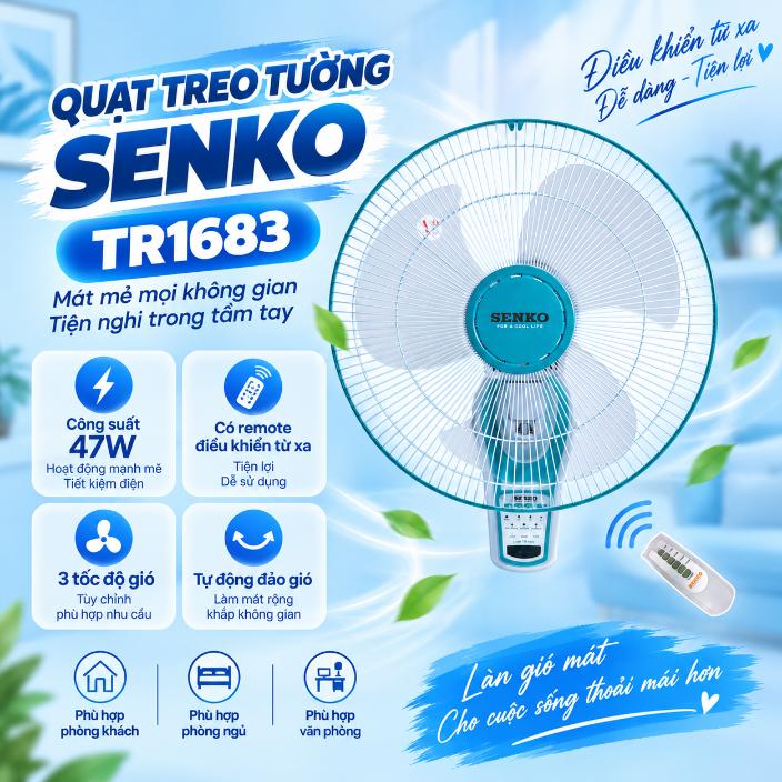 Quạt treo tường Senko TR1683 47W có remote điều khiển từ xa
