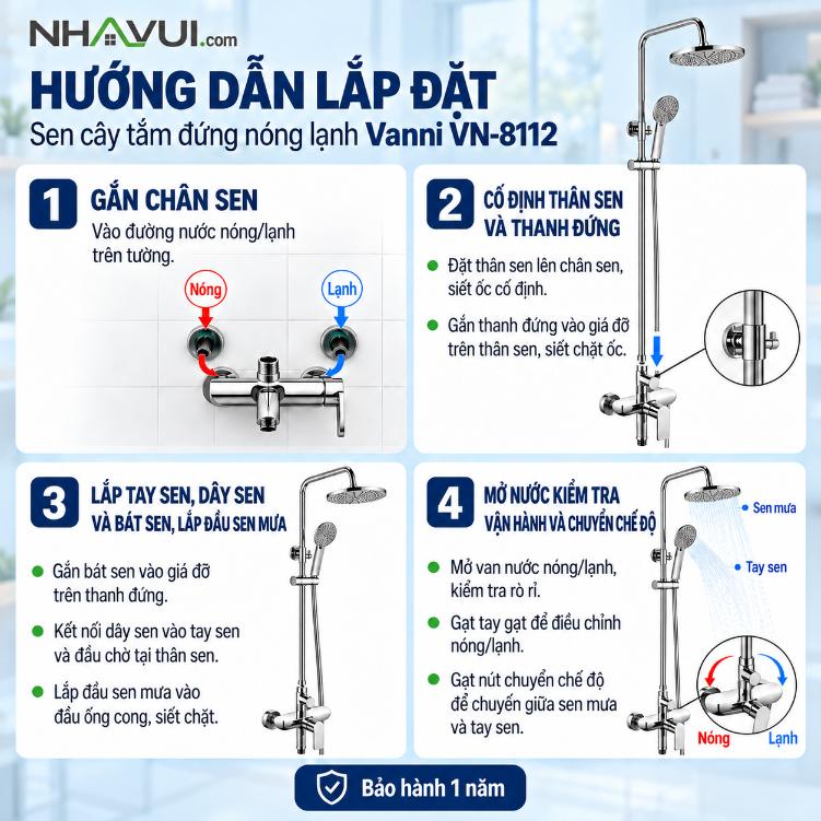 Sen cây tắm đứng nóng lạnh Vanni VN-8112 Đồng thau mạ chrome 3 chế độ