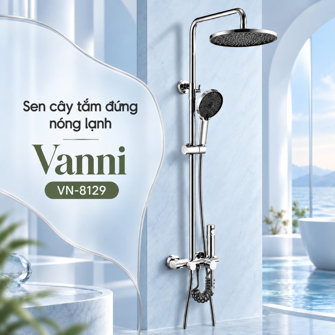 Sen cây tắm đứng nóng lạnh Vanni VN-8129 Đồng thau mạ chrome 4 chế độ