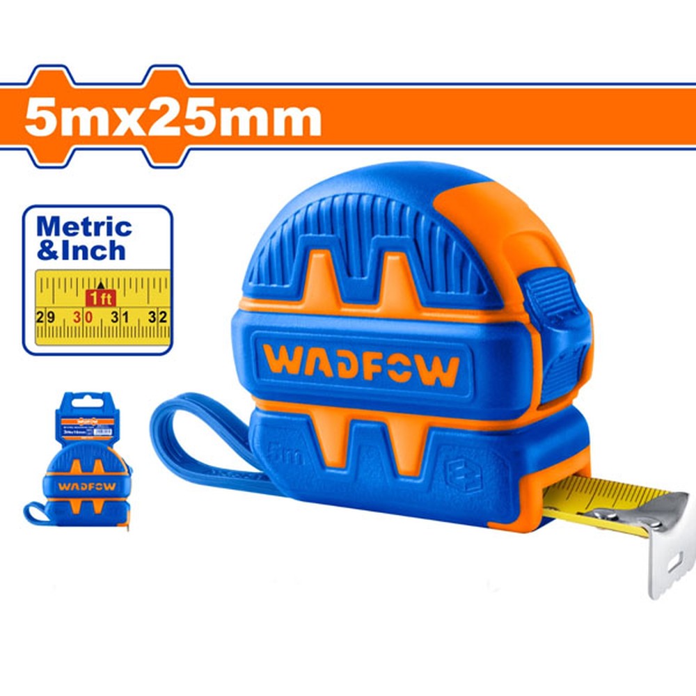 Thước cuộn thép Wadfow WMT1230 5 m x 25 mm – nền vàng, hệ mét và inch