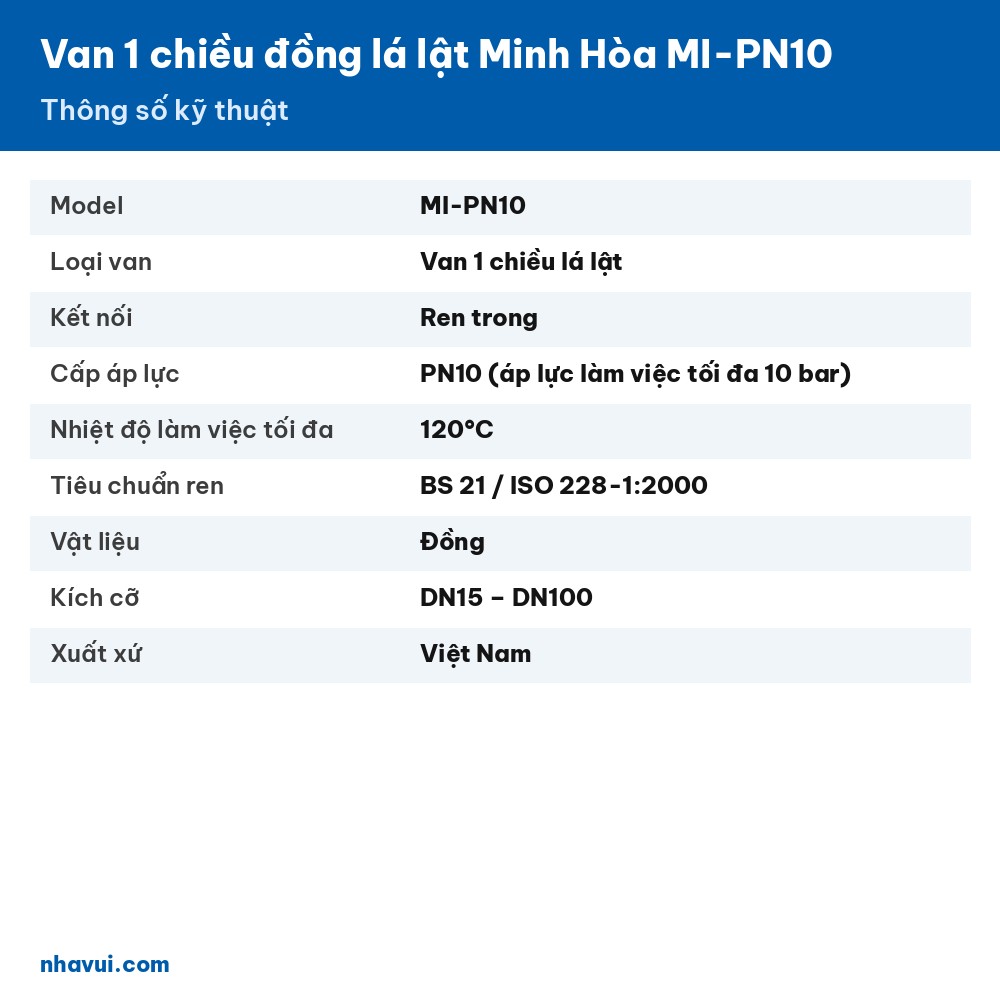 Van 1 chiều đồng lá lật Minh Hòa MI-PN10