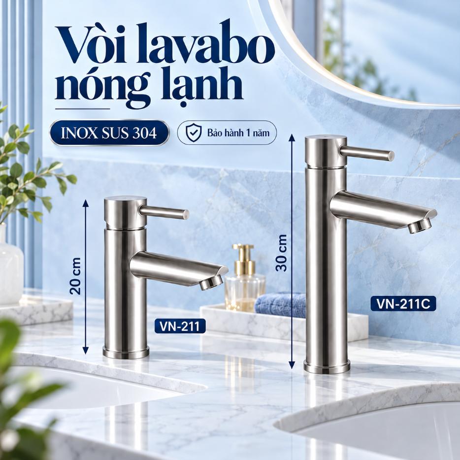 Vòi lavabo nóng lạnh Vanni VN-211 / VN-211C Inox SUS 304 Chiều cao: 20 cm