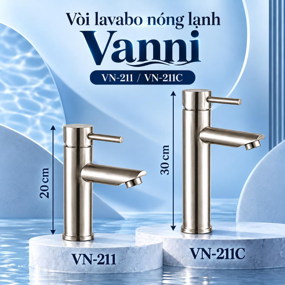 Vòi lavabo nóng lạnh Vanni VN-211 / VN-211C Inox SUS 304 Chiều cao: 20 cm
